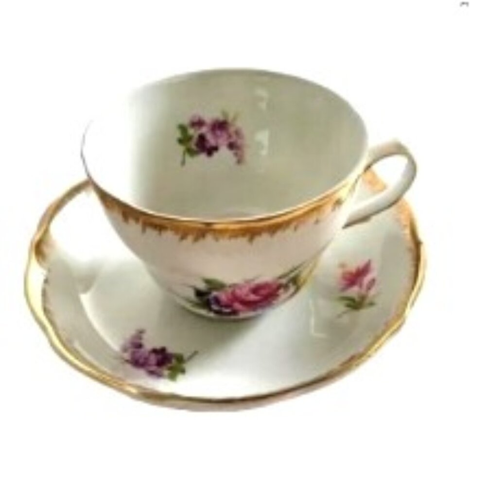 L&C Tirschenreuth Demitasse Cup Saucer Vintage 1940s Gilded Rose Pattern